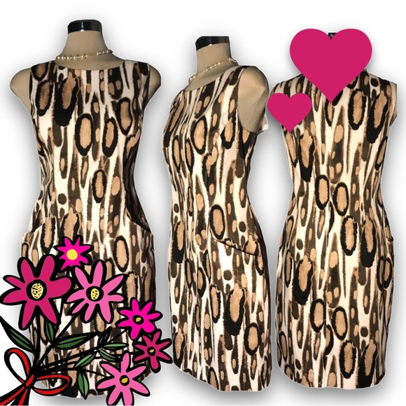 *New* TAHARI Leopard Black Beige and White Sleeveless Sheath Side Pockets Size 8 - Picture 3 of 16